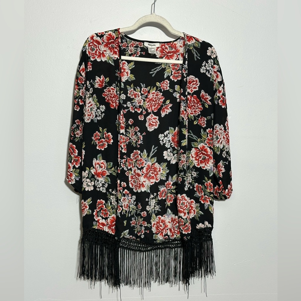 Persaya Women’s L Black Floral 3/4 Sleeve Open Front Fringe Cardigan | SKU 0847